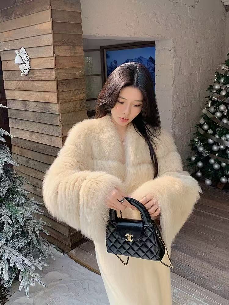 Ivory V-Neck Luxe Fox Fur Coat with Oversized Sleeves — SAGA Certified