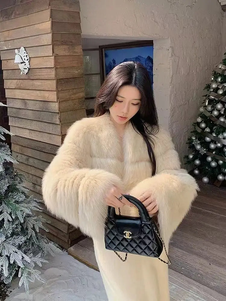 Ivory V-Neck Luxe Fox Fur Coat with Oversized Sleeves — SAGA Certified - Velanocta