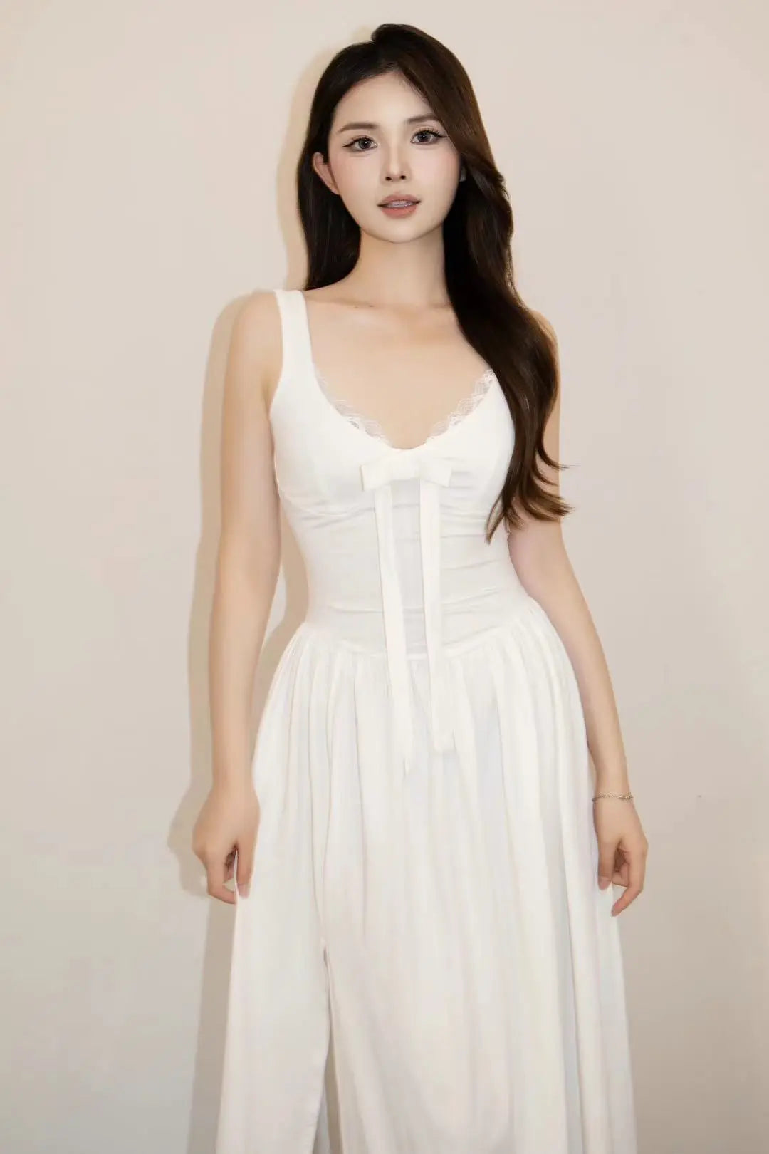 Elegant Lace Bow Corset Maxi Dress - Velanocta