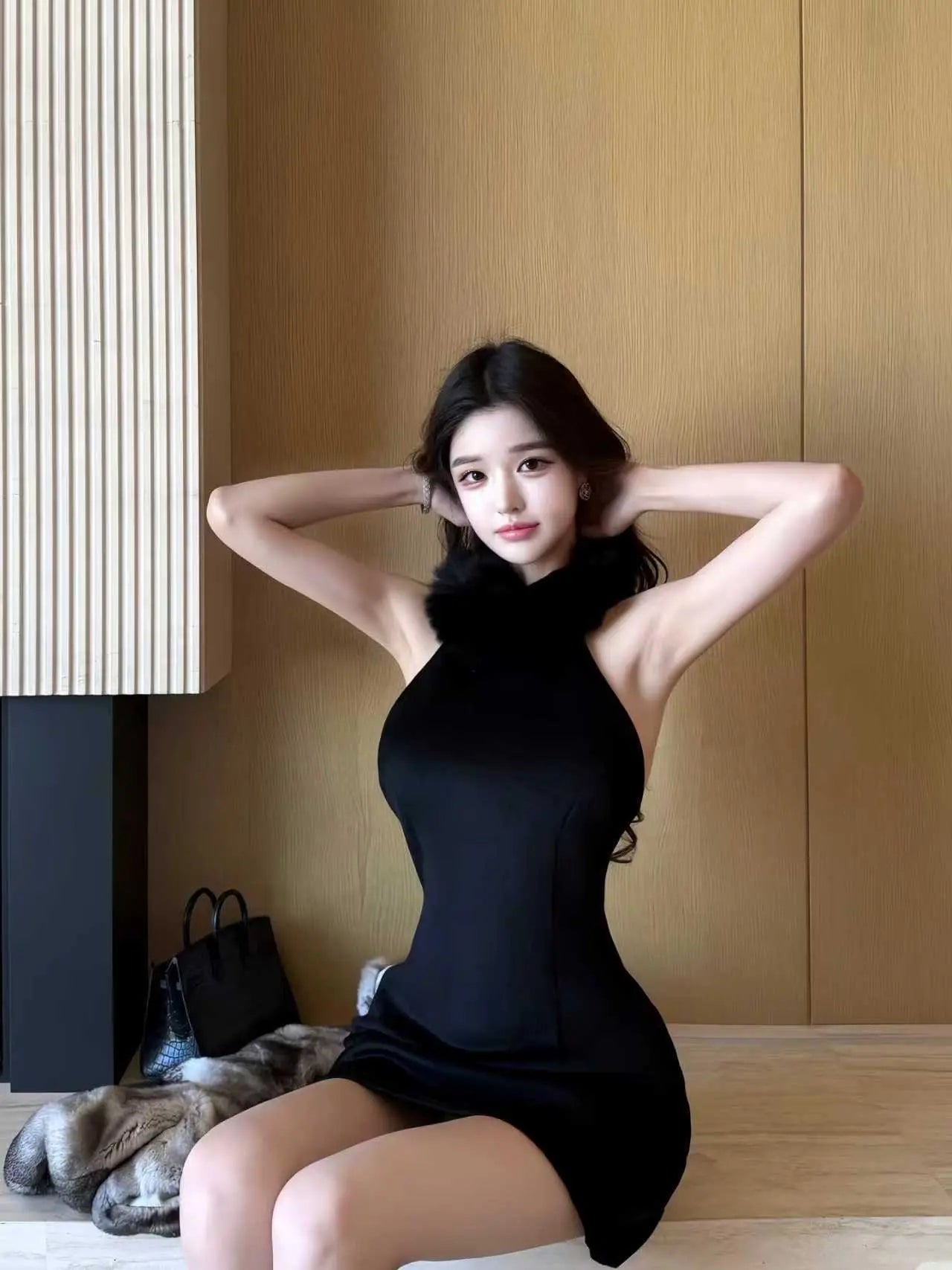 Faux Fur Dress Halter Mini - Velanocta