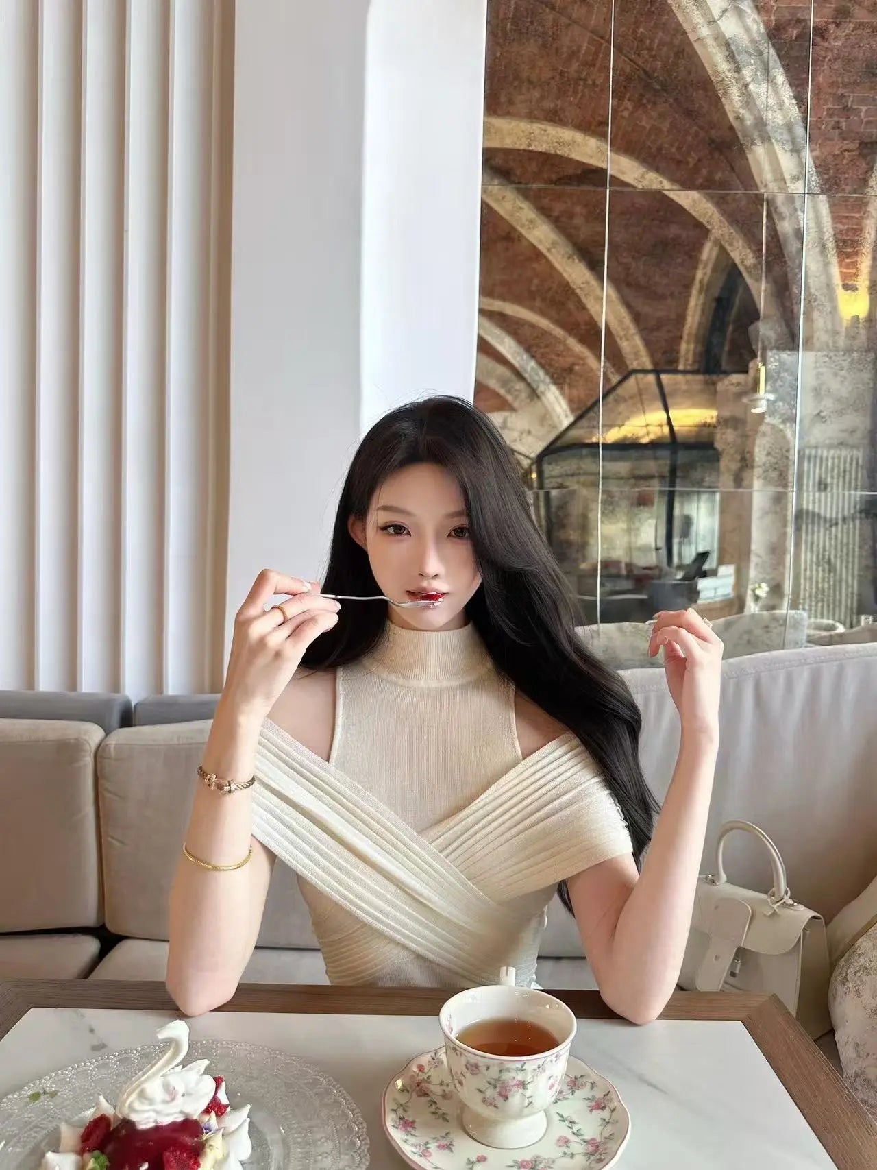 Off-Shoulder Knit Top with Mock Neck - Velanocta