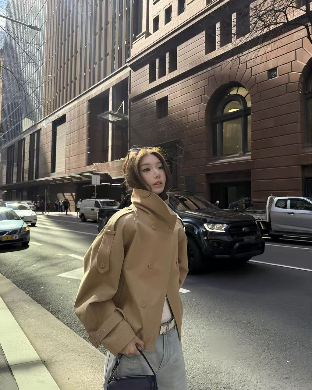 Double-Breasted Stand-Collar Cropped Trench Jacket