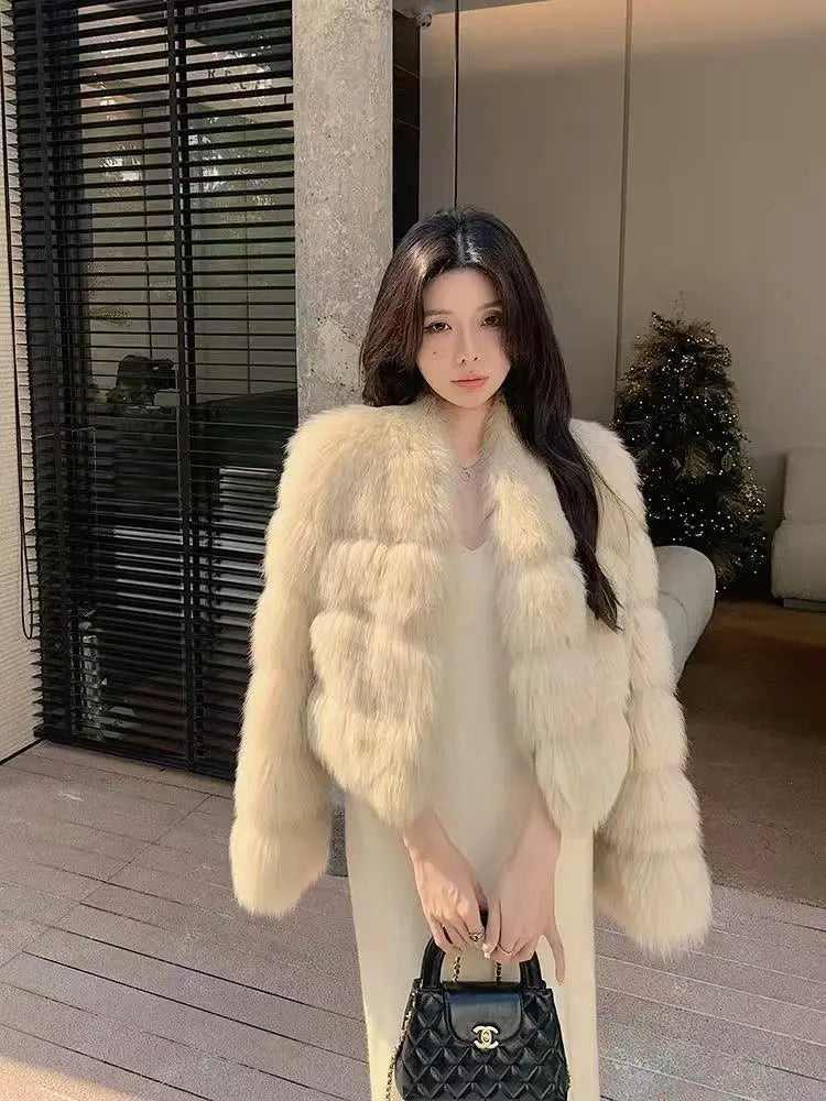 Ivory V-Neck Luxe Fox Fur Coat with Oversized Sleeves — SAGA Certified - Velanocta