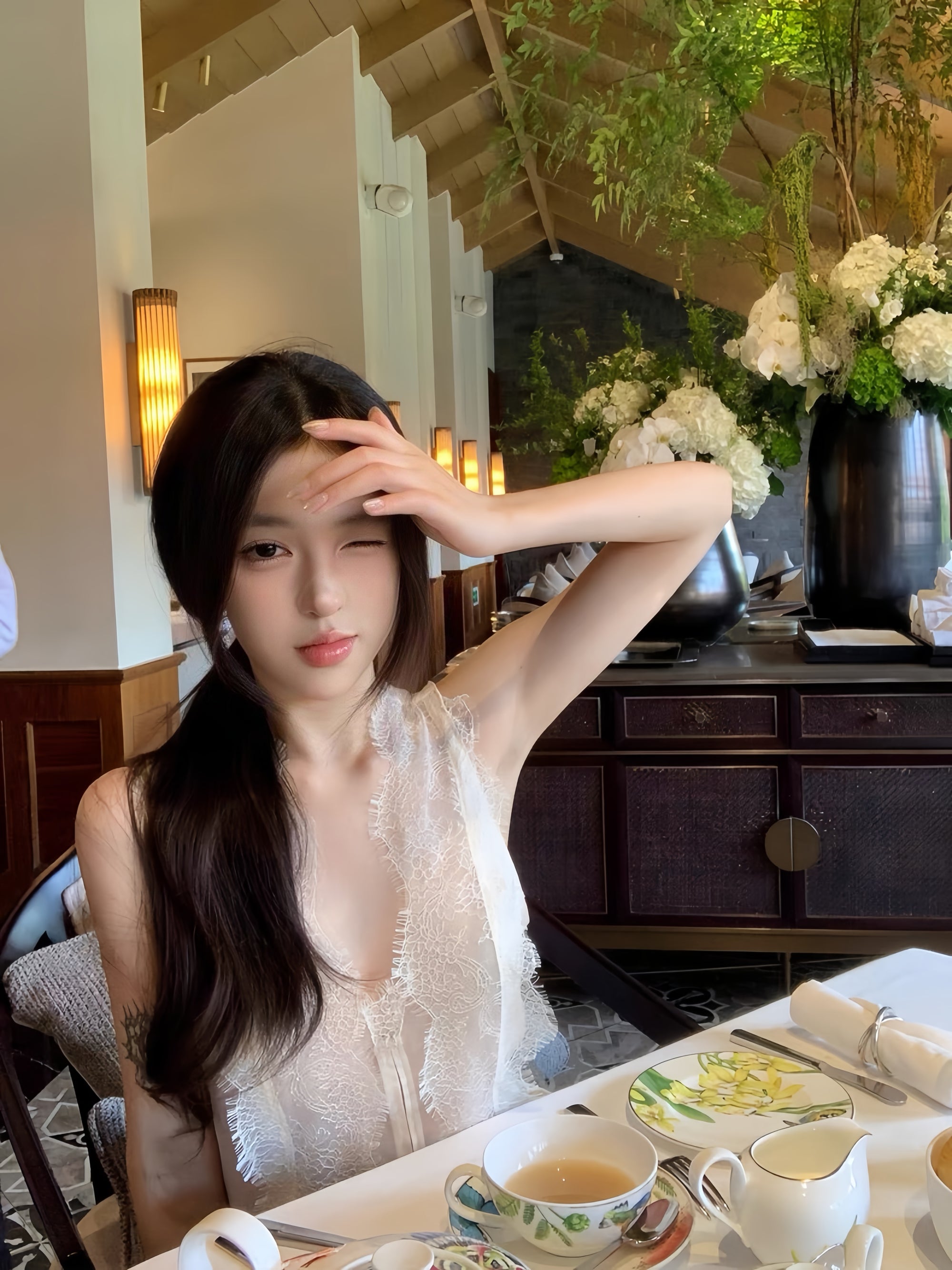 Lace Jacquard Fitted Vest Shirt