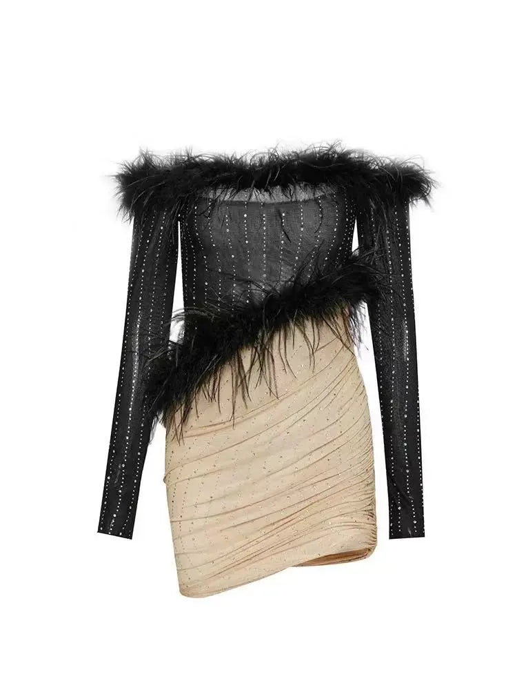 Feather-Trim Off-Shoulder Rhinestone Dress - Velanocta