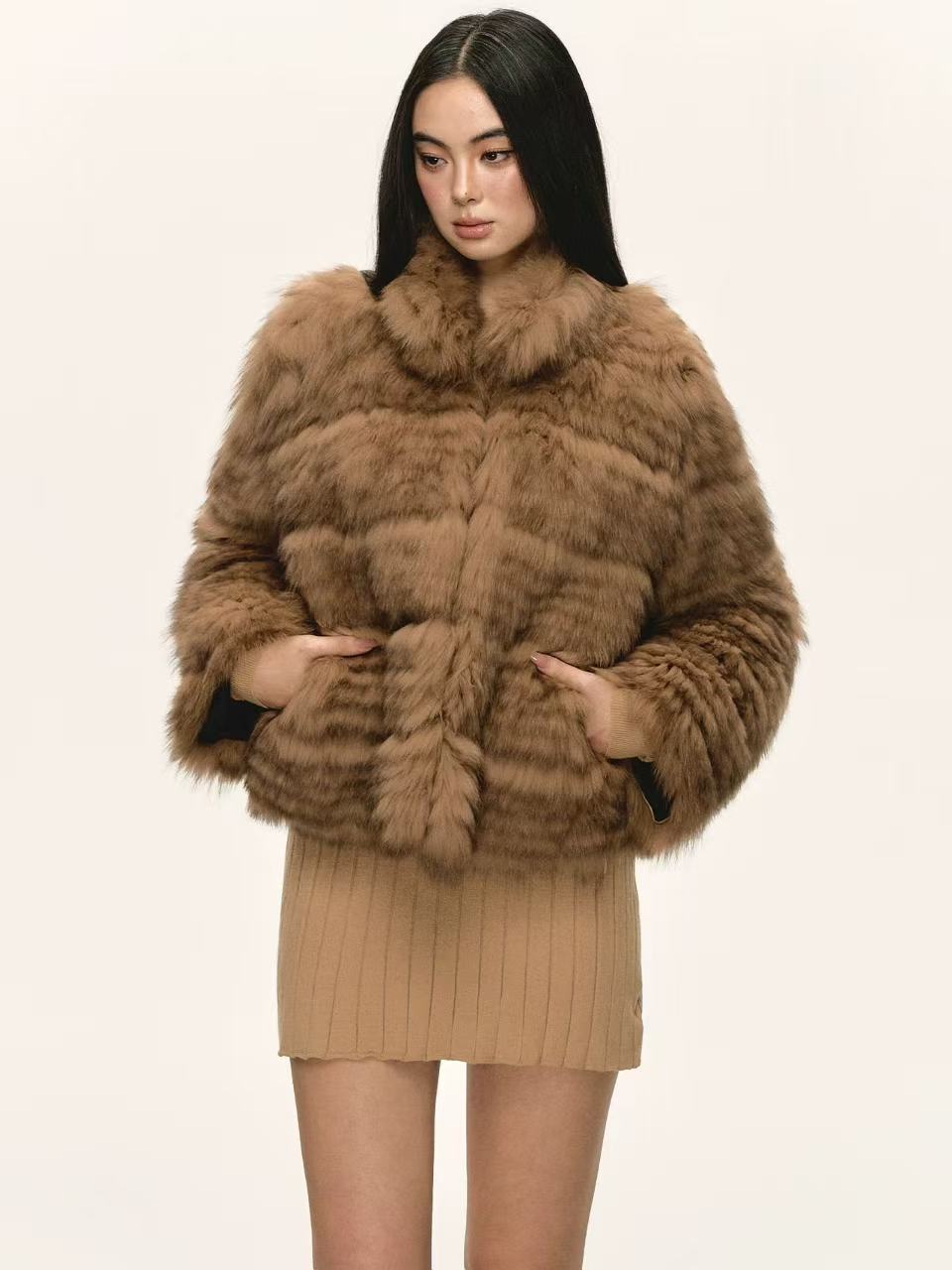 Amber Fox Fur Carved-Stripe Coat with High Collar — SAGA Certified