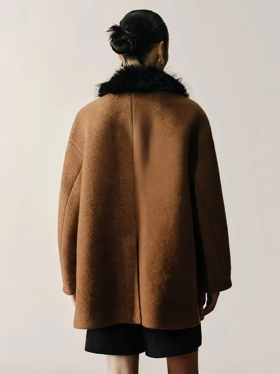 Wool Belted Coat with Faux Fur Collar - Velanocta