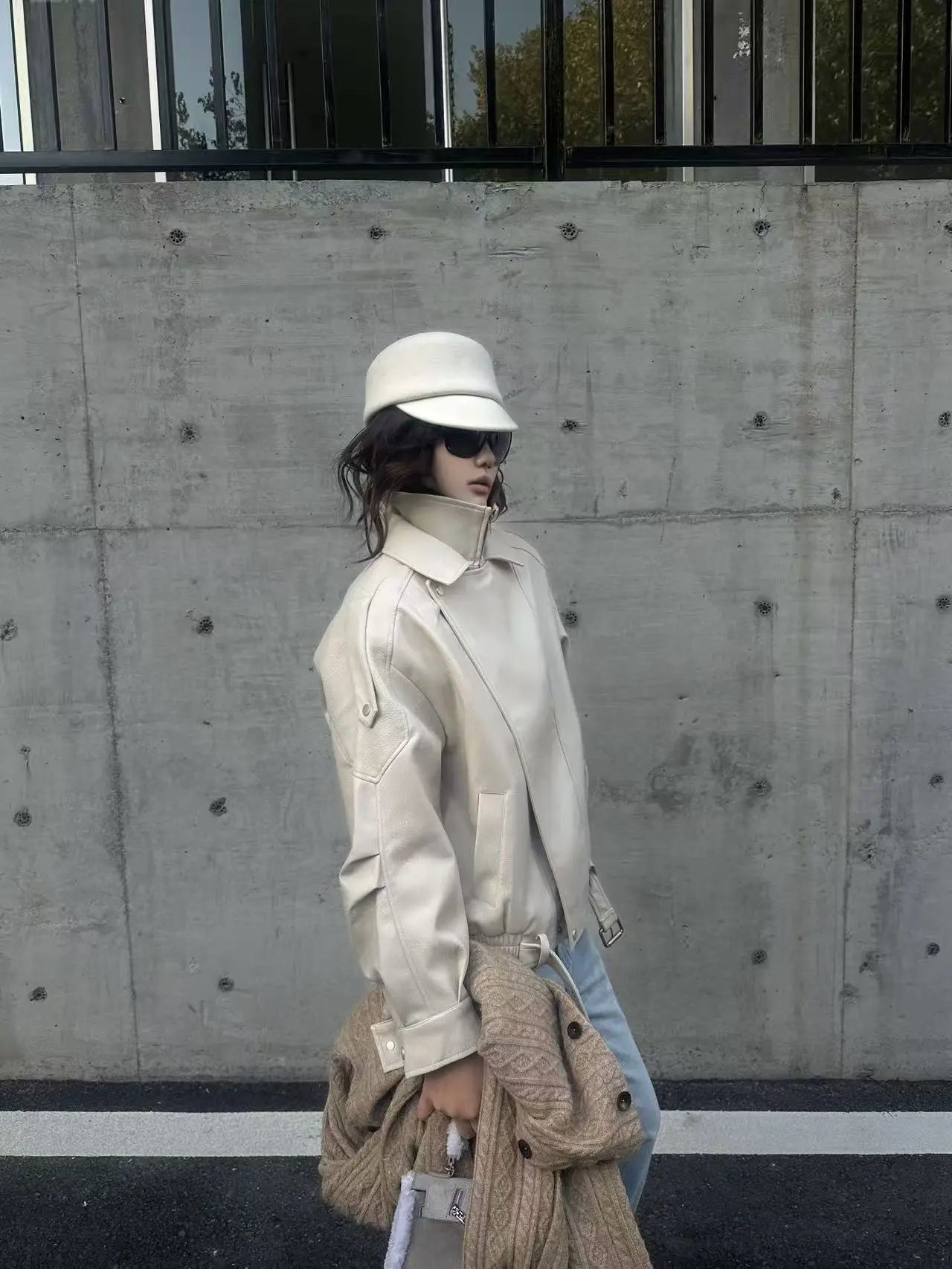 Vintage Litchi-Grain Oversized PU Moto Jacket - Velanocta