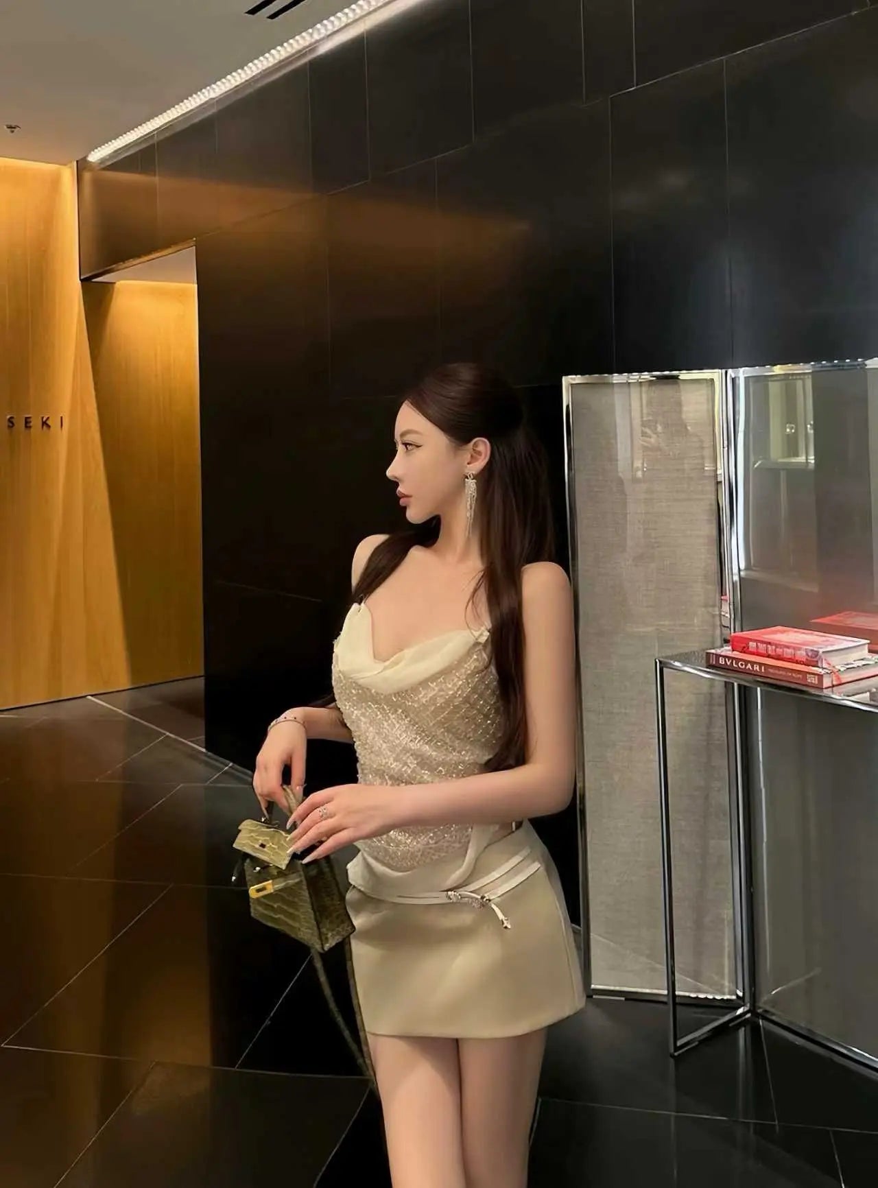 Luminous Beaded Cowl Neck Camisole & Mini Skirt Set - Velanocta