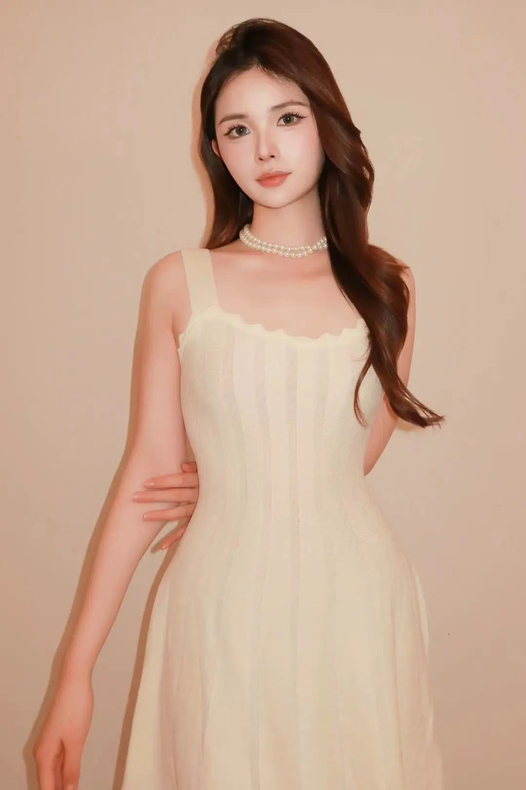 Ivory Square-Neck Knit Dress - Velanocta