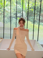 Off-Shoulder Drape-Detail Knit Bodycon Dress