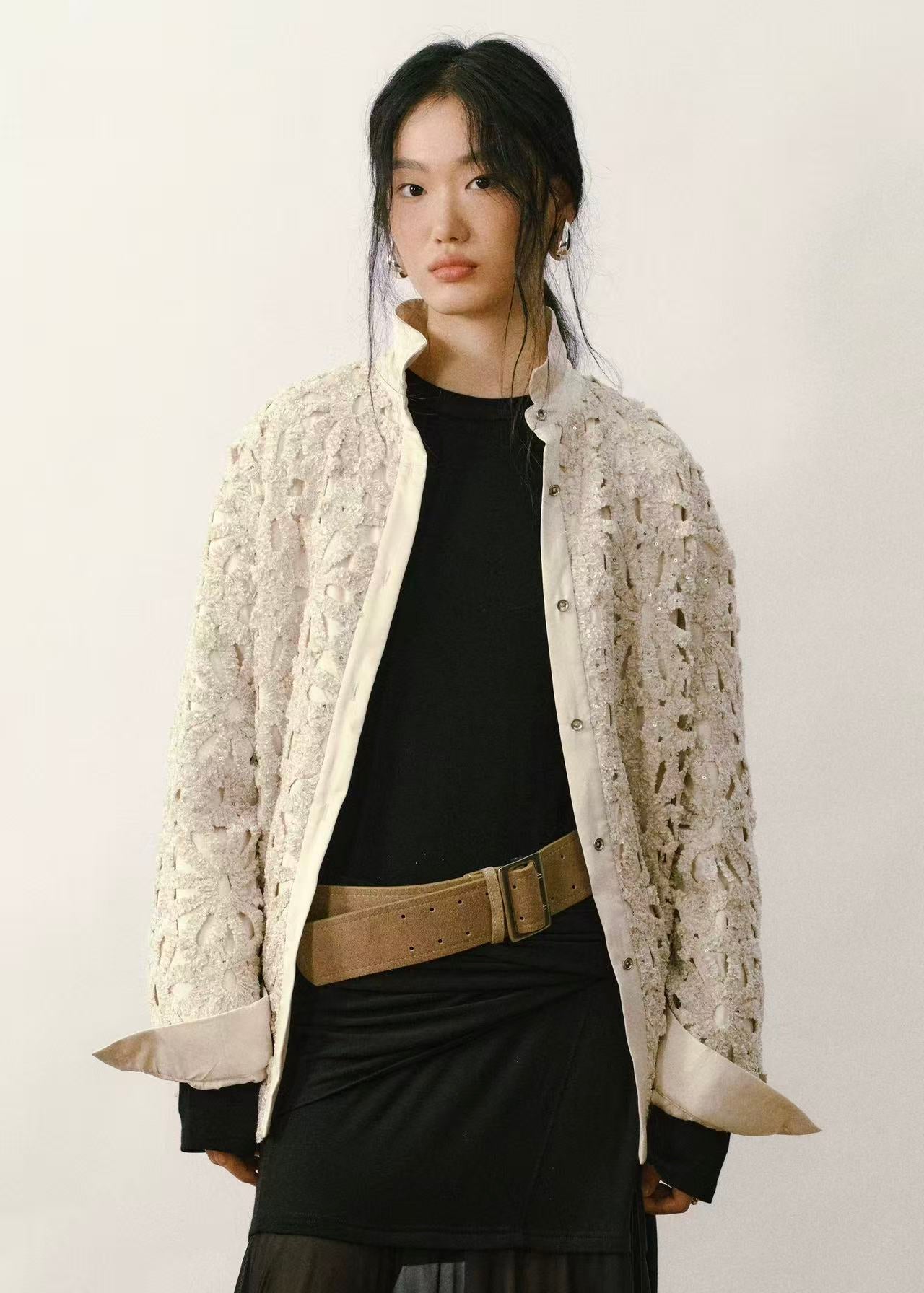 Vintage Cut-Out Floral Sequin Down Shirt