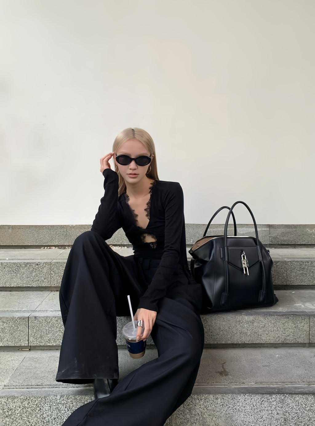 Lace-Trim Knotted V-Neck Long Sleeve Top