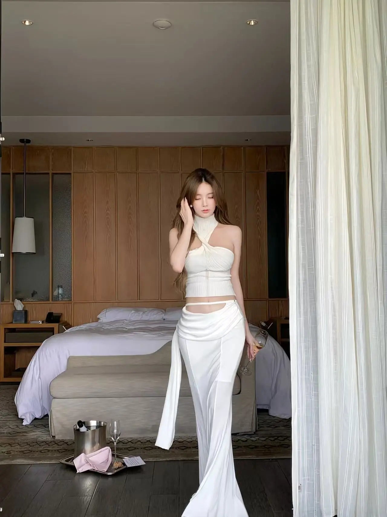 Ivory Halter Knit Top & Draped Maxi Skirt Set - Velanocta