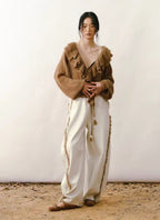 French Ruffled V-Neck Mohair Sweater