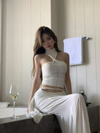 Ivory Halter Knit Top & Draped Maxi Skirt Set