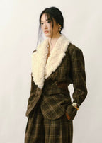 Plaid Wool Blazer with a Detachable Fur Collar