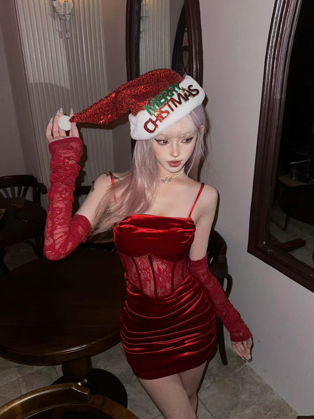 Red Velvet Corset Mini Dress with Matching Lace Sleeves