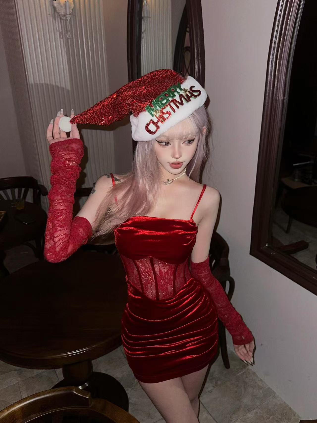 Red Velvet Corset Mini Dress with Matching Lace Sleeves