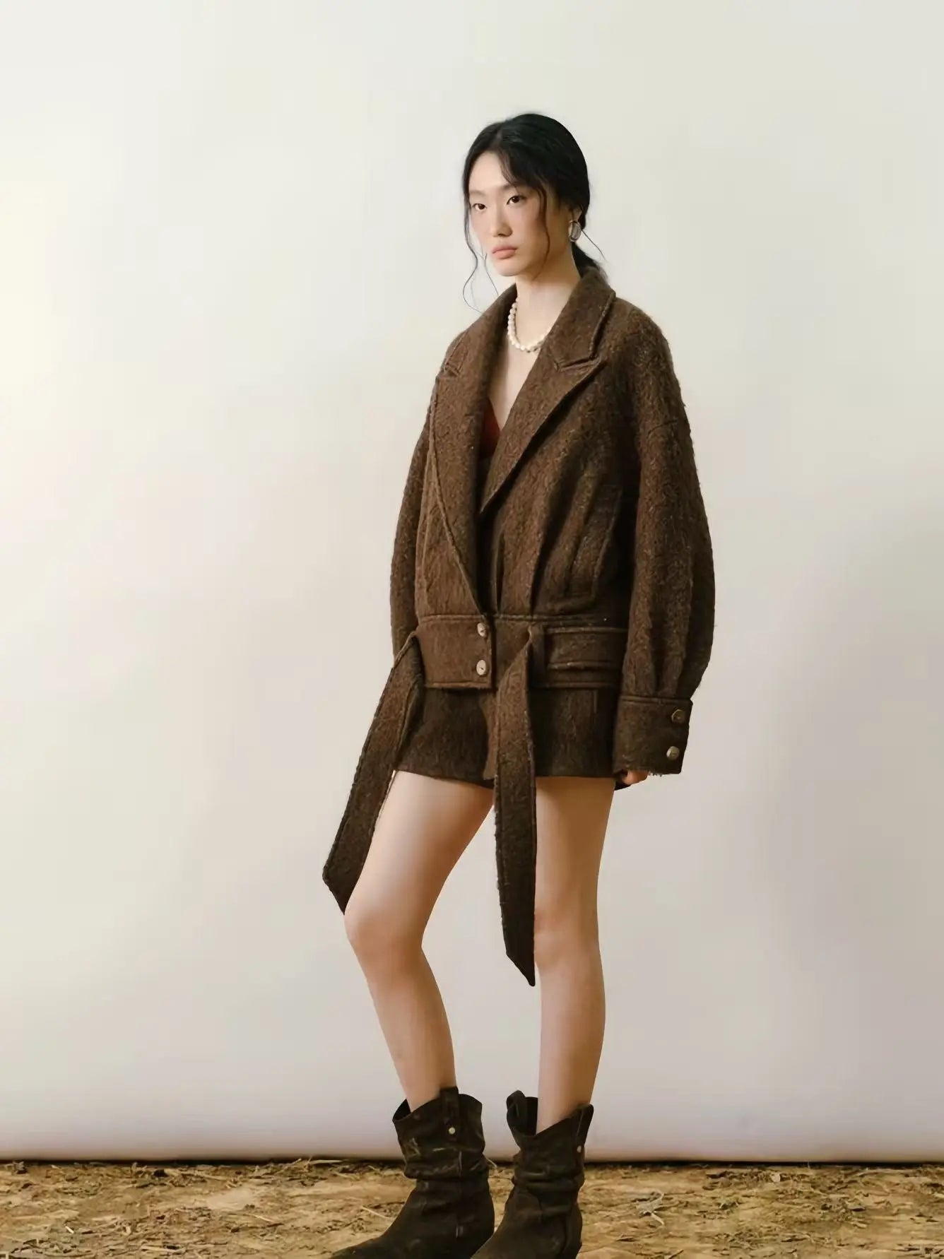 Brown Alpaca Blend Cropped Wool Jacket - Velanocta