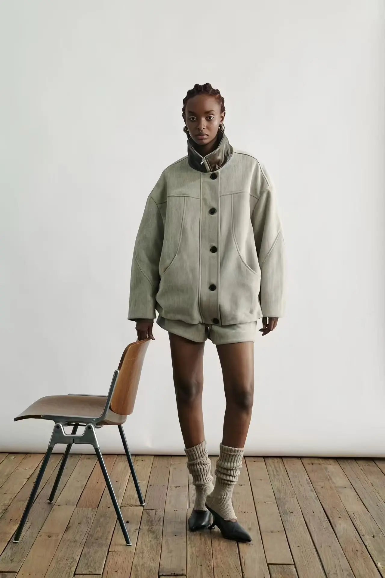 Sage Green Chenille Oversized Cocoon Jacket - Velanocta