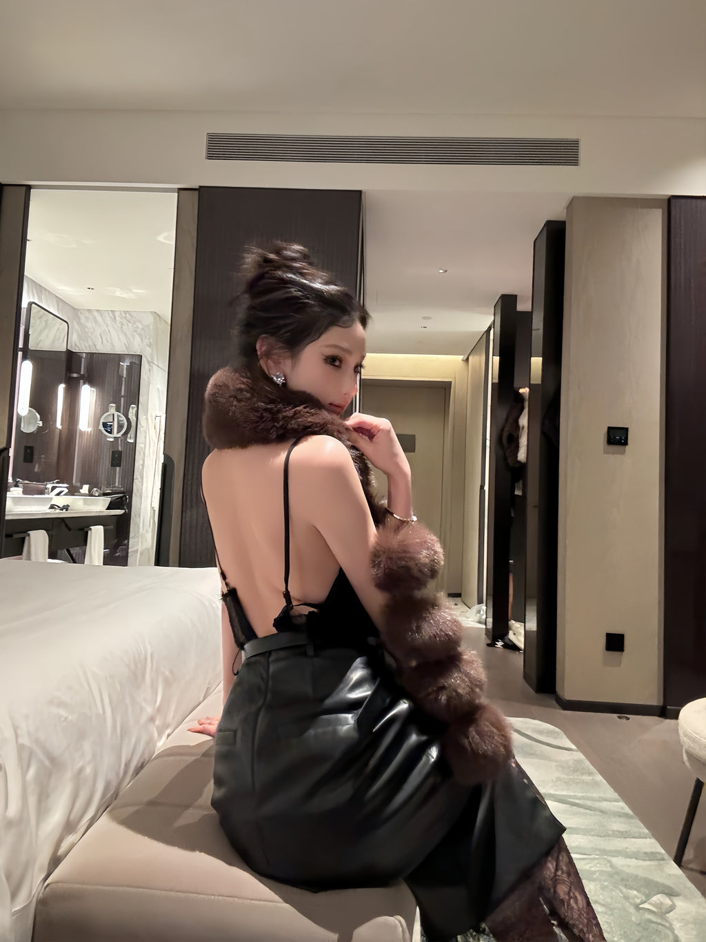 Lace-Trim Faux Leather Slip Dress