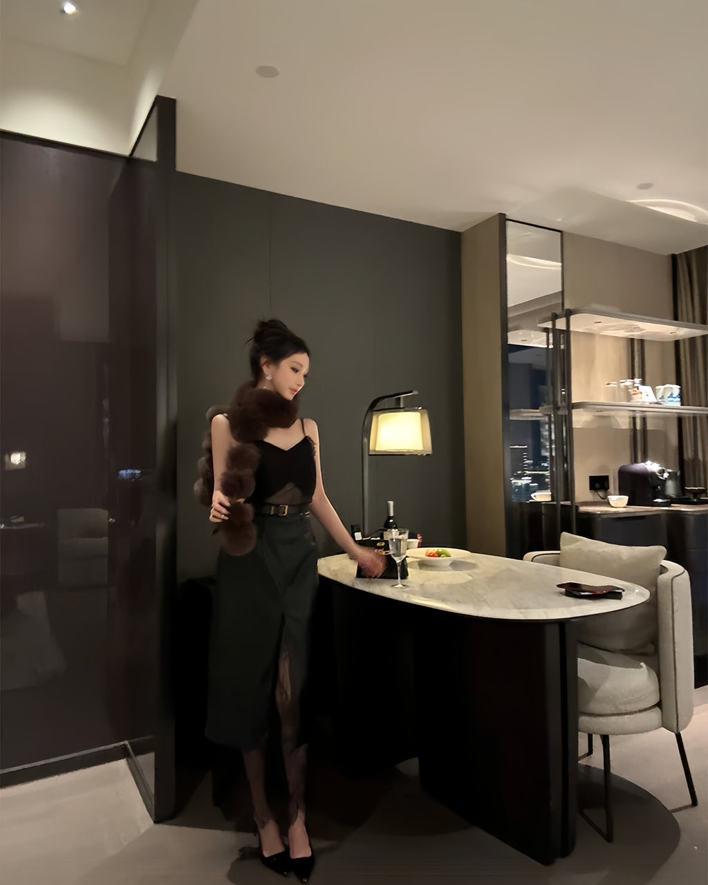 Lace-Trim Faux Leather Slip Dress