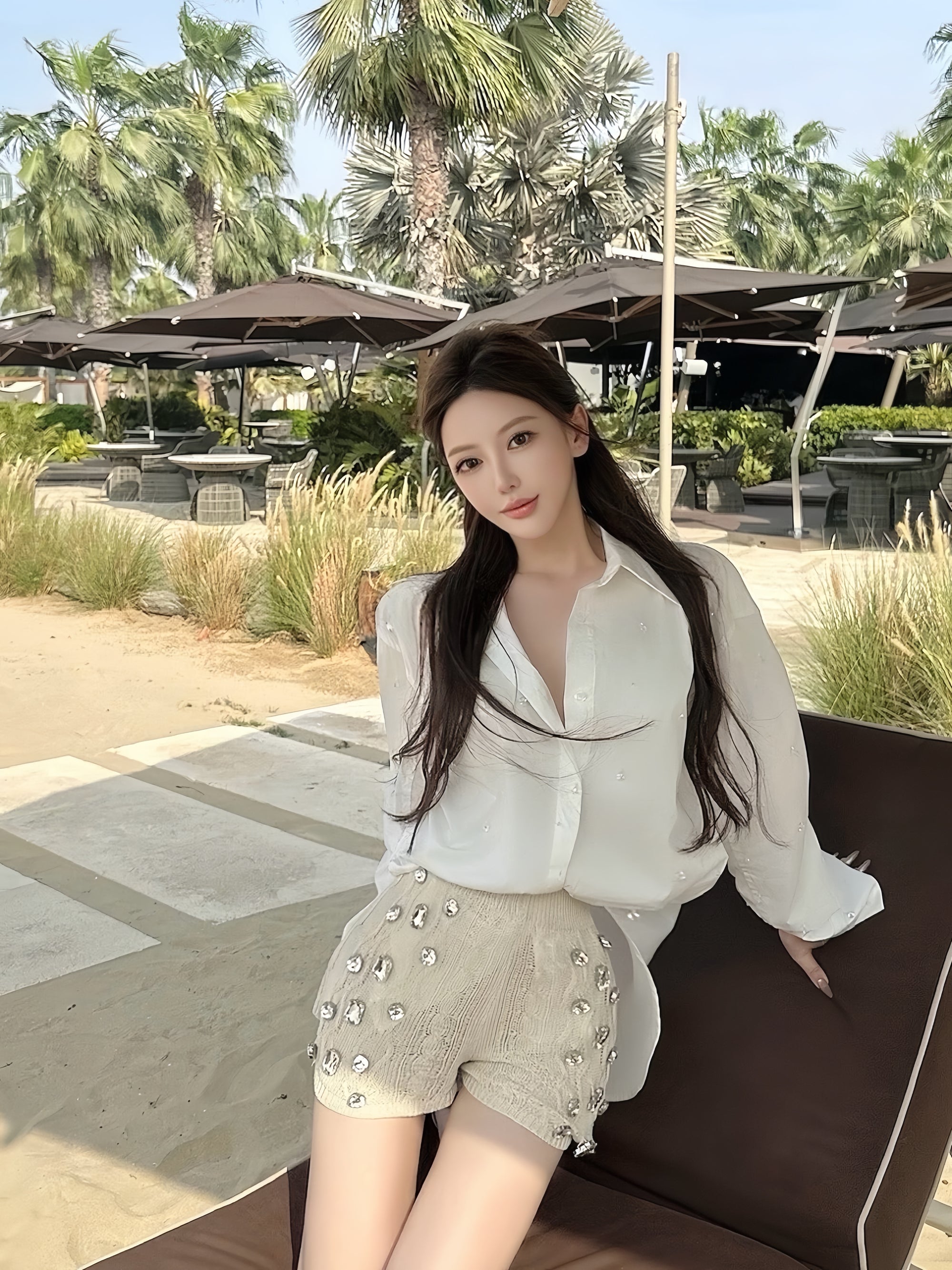 Embellished Shirt & Knit Shorts Set